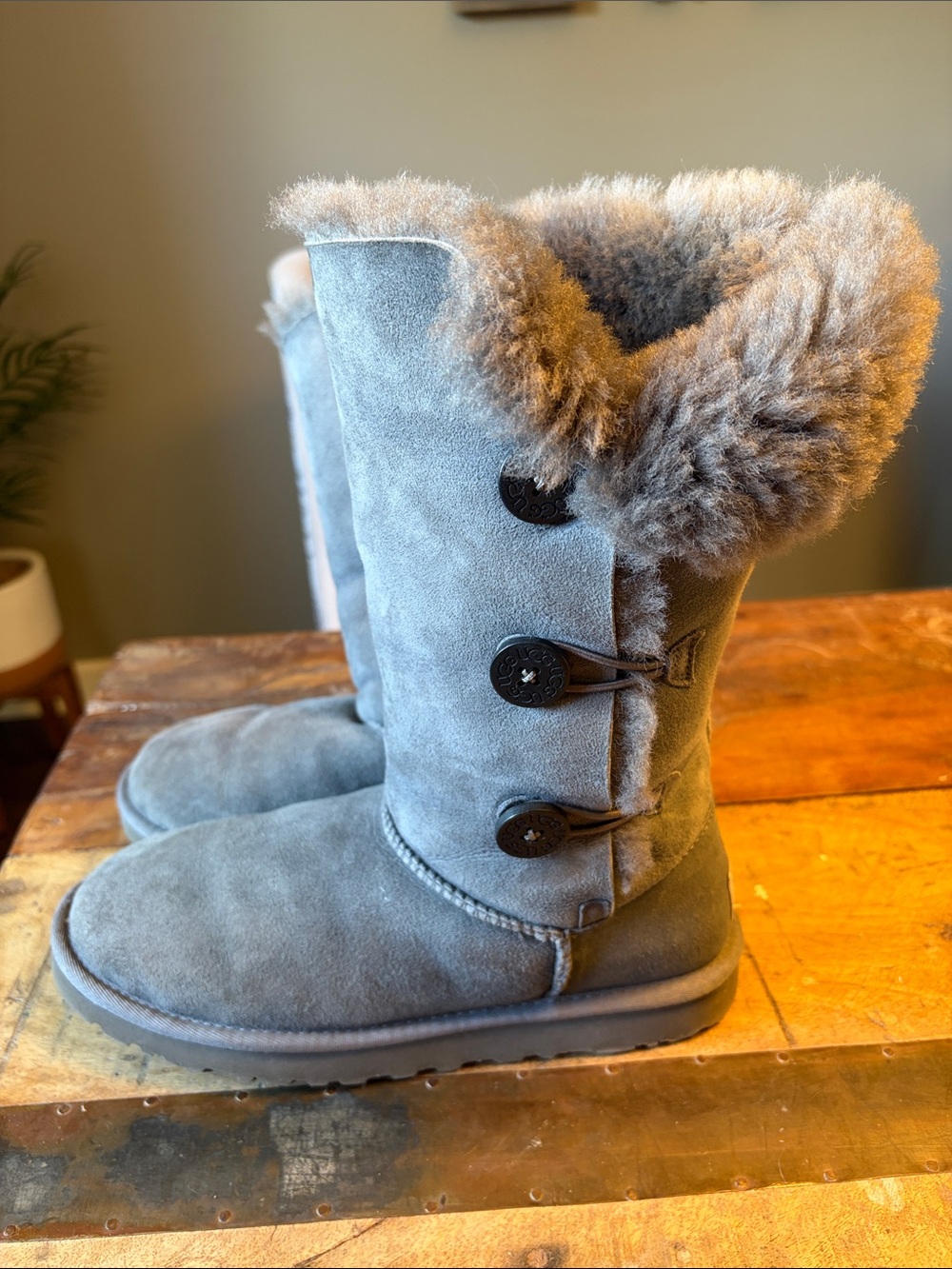 UGG Gray Suede Button-Detail Shearling Boots